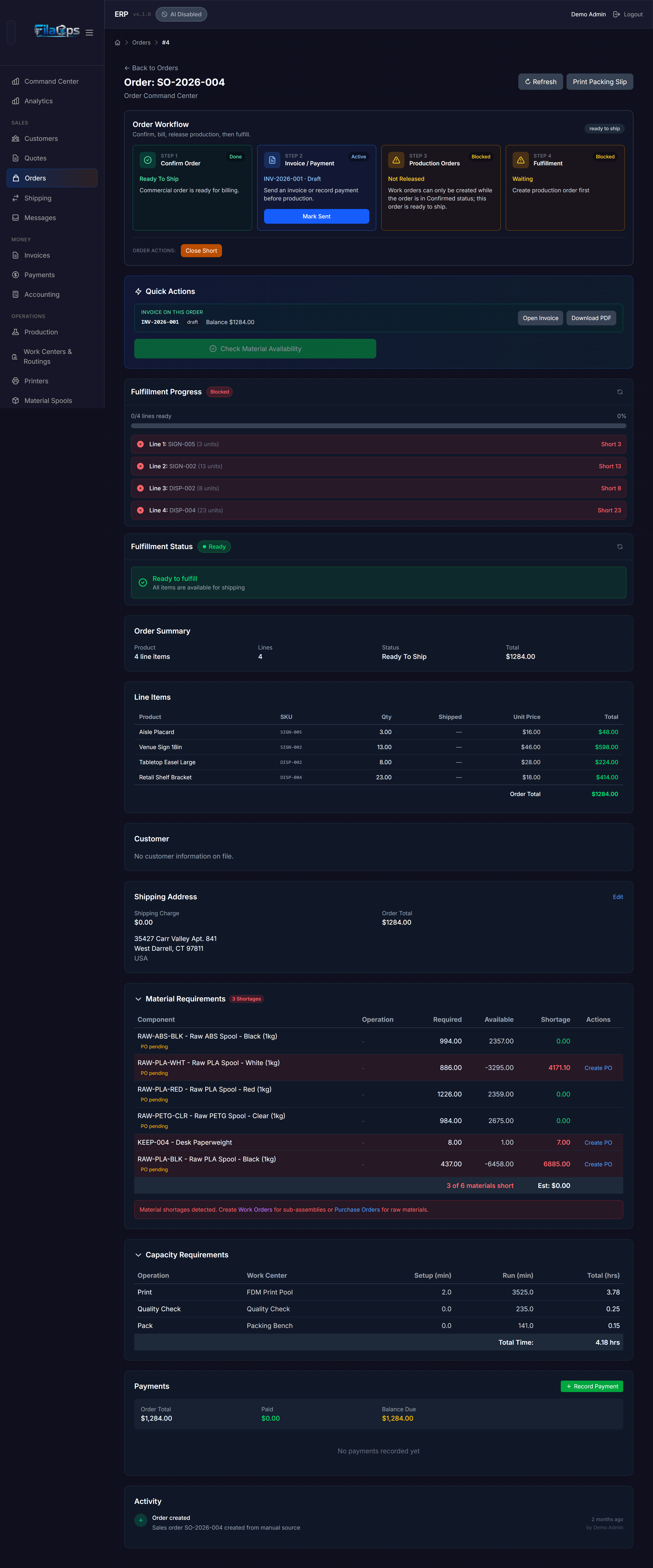 Order detail in Ready to Ship status with Ship button highlighted and shipping address visible